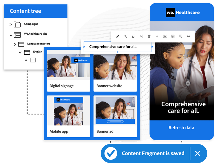 Sitio web de atención médica que publica un fragmento de contenido en todos los canales
