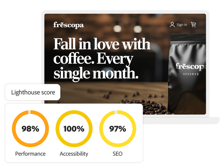 https://main--bacom--adobecom.hlx.page/assets/videos/products/commerce/media_18f439b318995a7d0f99181a1fcc7e691caba7780.mp4#_autoplay1 | Una página web de café y sus puntuaciones casi perfectas de Google Lighthouse