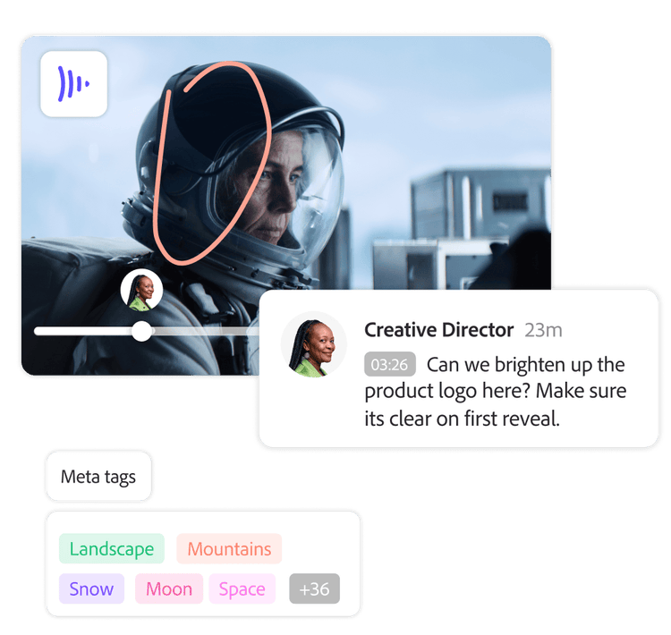 Un video en producción con marcadores superpuestos con un comentario del director creativo y opciones de metaetiquetas sugeridas.