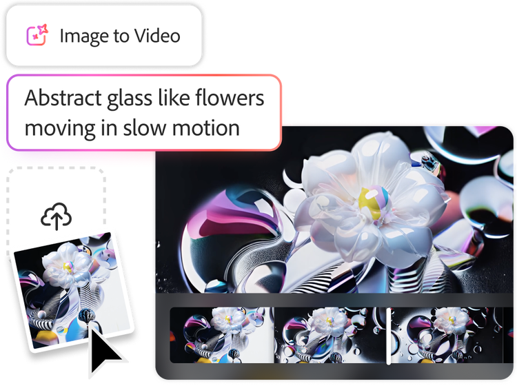 Un flujo de trabajo de imagen a video con IA generativa en el que se muestra una imagen de flores abstractas que se convierte en un video de las flores moviéndose en cámara lenta.