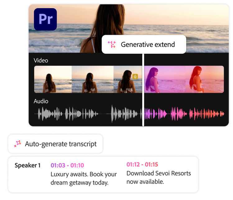 Producción de video en Adobe Premier Pro con la función de Extensión generativa insertada en la línea de tiempo e IA generativa creando una transcripción.