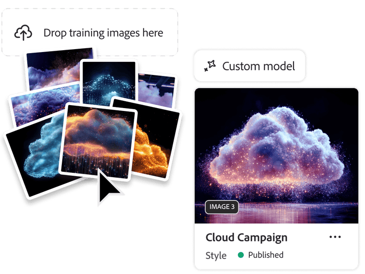 Varias imágenes de nubes y ráfagas de colores se sueltan en Firefly como imágenes de entrenamiento para generar un modelo personalizado en una campaña relacionada con las nubes.