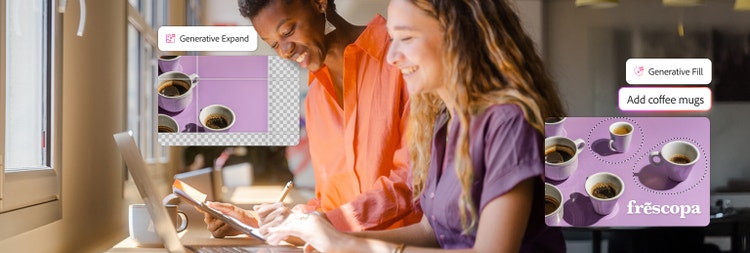 Dos mujeres mirando una laptop con imágenes superpuestas de videos de tazas de café mejoradas con las funciones de Ampliación generativa y Relleno generativo.