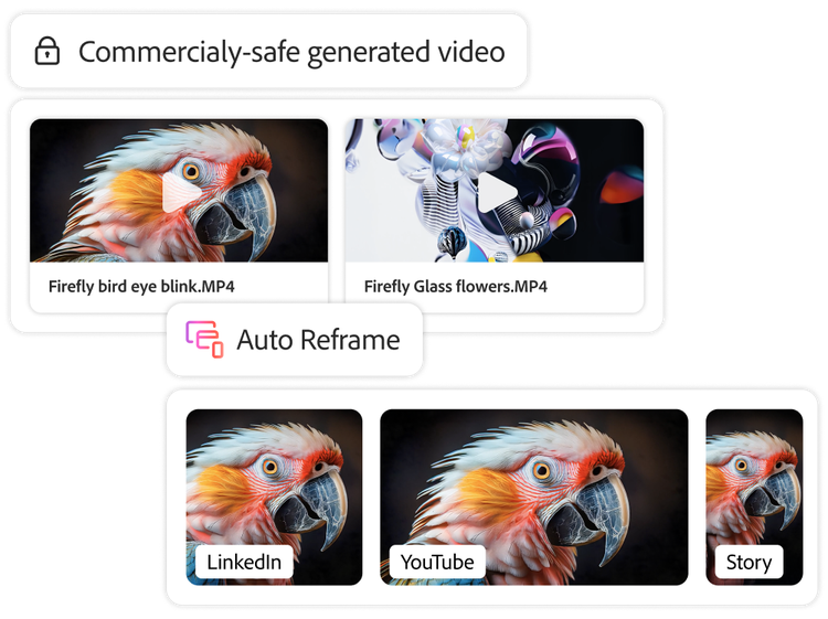 Dos opciones de videos comercialmente seguros generados con IA en los que aparece un ave colorida con tres variaciones superpuestas con formato para LinkedIn, YouTube e Instagram Stories.