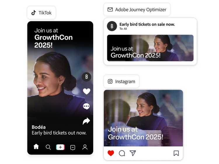 Tres variaciones de un anuncio para una conferencia comercial adaptado para TikTok, Instagram y correo electrónico