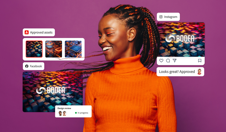 Un experto en marketing utiliza recursos aprobados y la IA generativa para crear un anuncio para Instagram