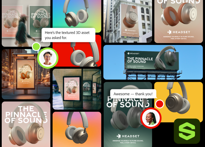 Multiple product variants (of headphones) in different colors and materials created using Adobe Substance 3D