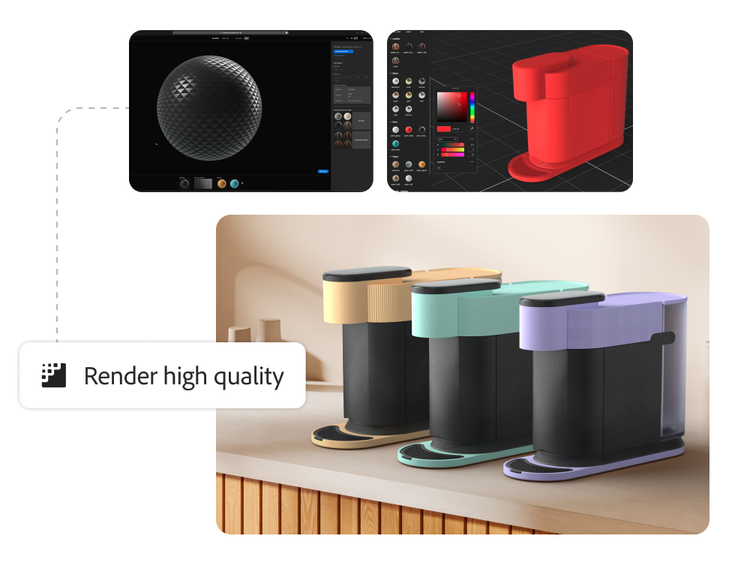 Coffee maker being built in Substance 3D with final assets in multiple colors