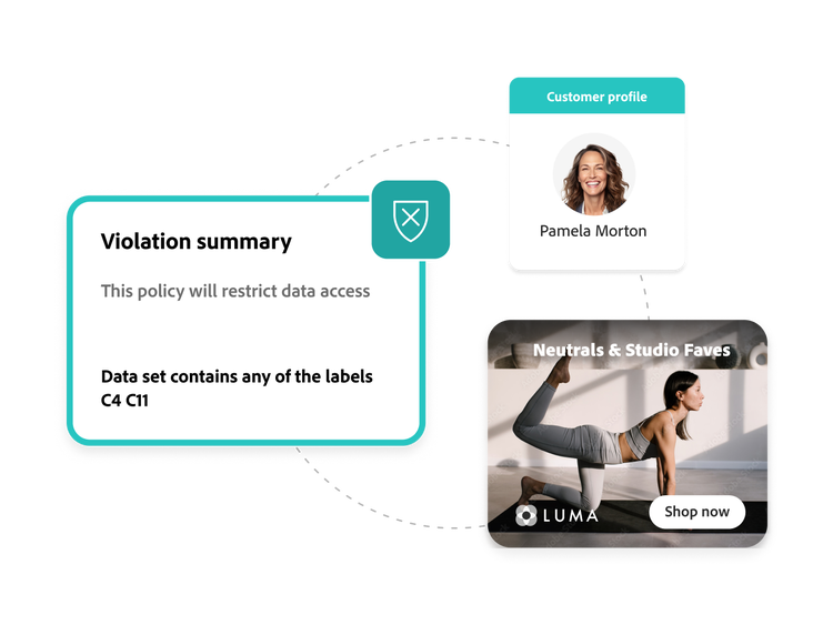 Customer profile and a data restriction violation alert informing a fitness ad