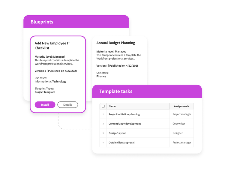 https://main--bacom--adobecom.hlx.page/fragments/products/modal/videos/workfront/project-templates-blueprints#templates-blueprints | Adobe Workfront examples of AI-powered templates and blueprints for annual budget planning, new employee IT checklist, and templatized tasks for various team assignments. | :play-medium: