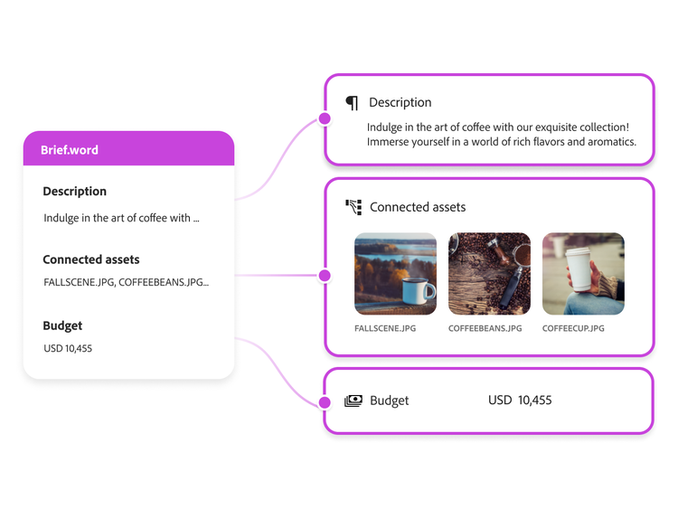 https://main--bacom--adobecom.hlx.page/fragments/products/modal/videos/workfront/ai-powered-briefs#ai-powered | Adobe Workfront AI-powered brief ingestion example showing a brief in document format with description, connected asset, and budget values being parsed into components. | :play-medium:
