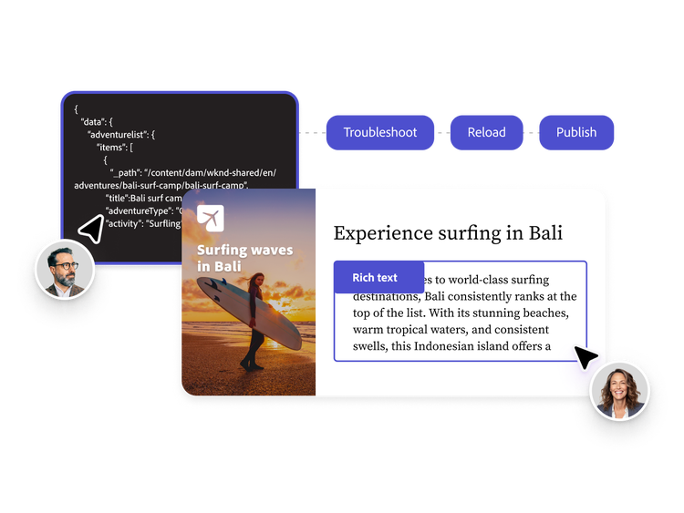 Content author and a developer editing a surfing website at the same time