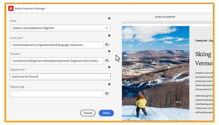 https://main--bacom--adobecom.hlx.page/fragments/products/modal/videos/adobe-experience-manager/sites/omnichannel-experiences/experience-fragments#xf | Experience Fragment demo video | :play-medium: