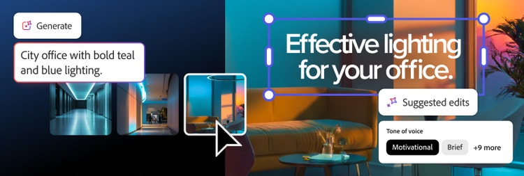 IA generativa utilizándose para crear una colección de activos de imagen, ediciones de contenido recomendadas y nuevas imágenes