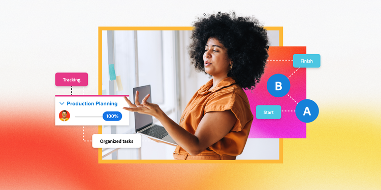 Mujer que usa un diagrama de red para gestionar proyectos