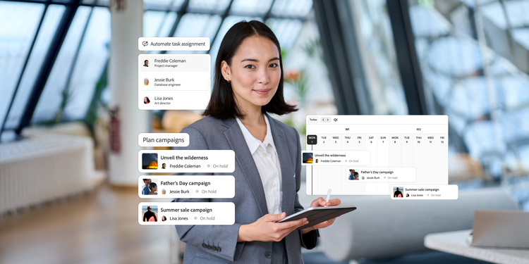Mujer profesional de marketing usando software de automatización de flujos de trabajo para la asignación de tareas, planificación de campañas y programación