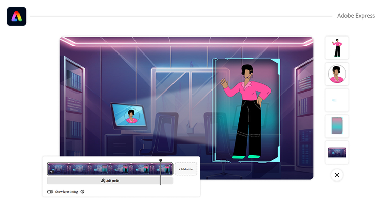 Una interfaz de animación en Adobe Express muestra una escena de oficina futurista con iluminación de neón. Un personaje con camisa rosa y pantalón negro está de pie dentro de un marco azul iluminado, y su imagen también aparece en un monitor. La línea de tiempo en la parte inferior muestra los fotogramas de la animación, con opciones para audio y temporización de capas. Las miniaturas a la derecha permiten seleccionar elementos.
