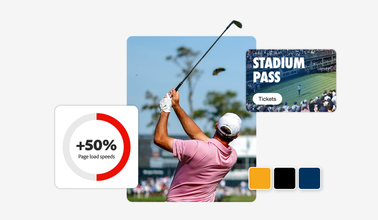 Un collage de imágenes del sitio web del PGA TOUR junto a un gráfico que muestra un aumento del 50 % en la carga de páginas con las soluciones empresariales de Adobe.
