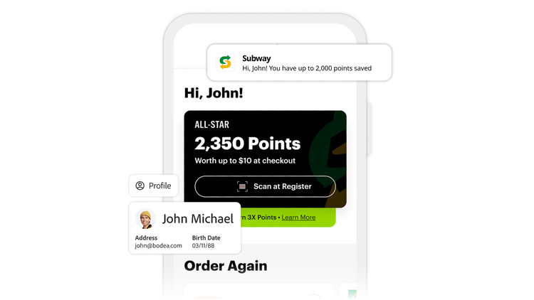 Imagen compuesta que representa una muestra de la pantalla de Inicio de la aplicación móvil MVP rewards de un cliente de Subway