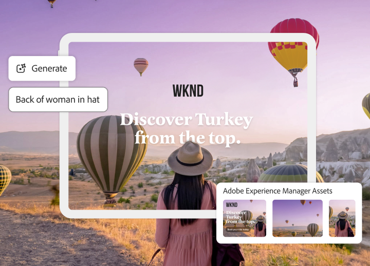 Anuncio de viajes creado con IA generativa y Adobe Experience Manager Assets, en el que se muestra la imagen de una mujer de viaje en Turquía.