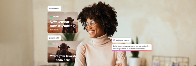 Experta en marketing sonriente junto a banners de pruebas A/B para promociones de streaming, destacando el impacto de la CTA en la participación del espectador.