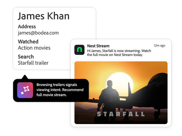 Un cinéfilo que busca horarios de películas recibe una oferta personalizada de entradas, lo que destaca las herramientas de participación en tiempo real de Adobe.