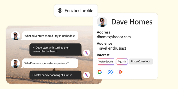 Panel de control que muestra conversaciones de clientes de muestra, métricas de interacción de usuario y conversiones totales con botones de revisión.