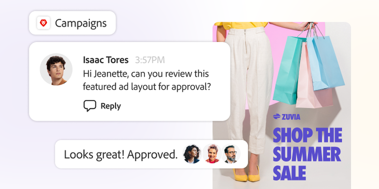 Panel de control del proyecto que muestra la revisión del diseño del anuncio; el equipo aprueba la promoción de rebajas de verano con bolsos llamativos y texto en negrita.