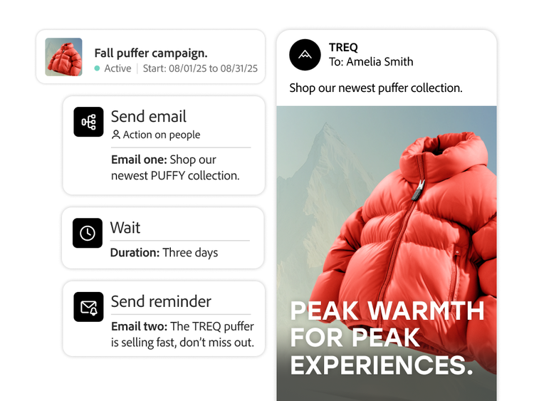Flujo de trabajo de Adobe Campaign que muestra una campaña de chaquetas acolchadas de invierno con envío de correo electrónico, espera de 3 días y pasos de recordatorio para Amelia.