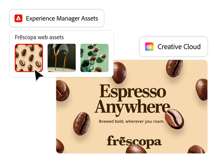 Anuncio de café creado en Adobe Express con activos del sistema de DAM conectado