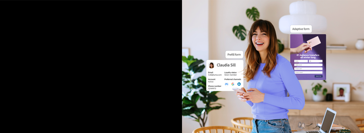 Clienta cumplimentando un formulario de servicios financieros en su teléfono con funciones adaptables y de rellenado previo