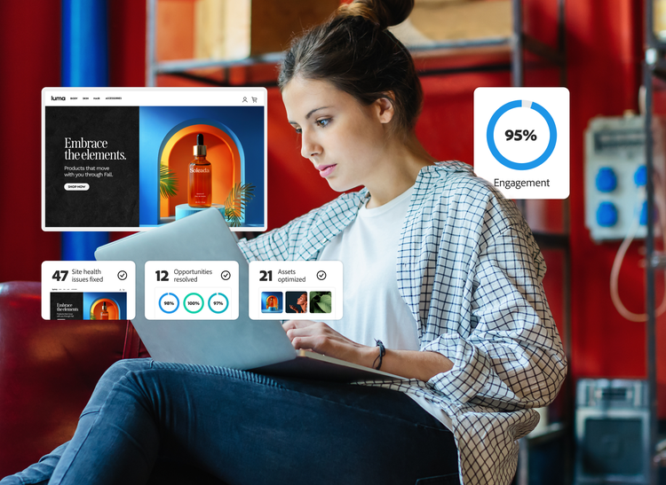 Una profesional del marketing revisa los resultados de optimización del sitio web y la información sobre el engagement