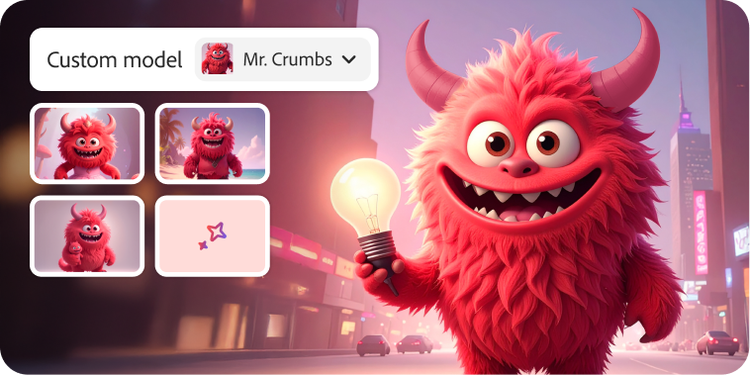 Cuatro imágenes generadas por IA de Mr. Crumbs, monstruo y mascota, en múltiples poses en un modelo personalizado