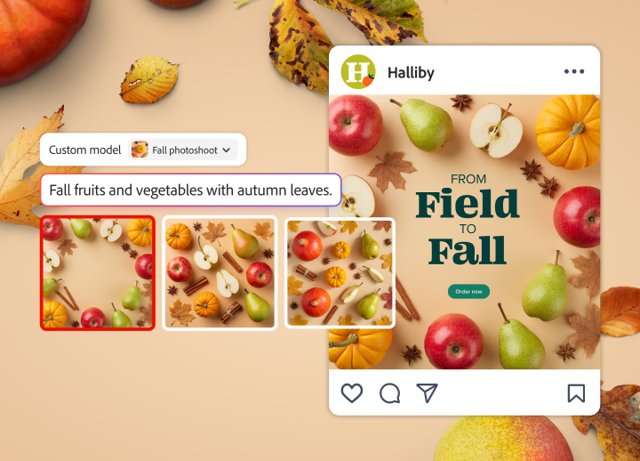 Conjunto de fotografías generadas de frutas de temporada como fondo para una publicación para redes sociales