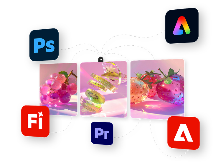 Adobe Firefly Foundry conectado a los productos de Adobe: Adobe Photoshop, Adobe Firefly, Adobe Premiere, Adobe Express