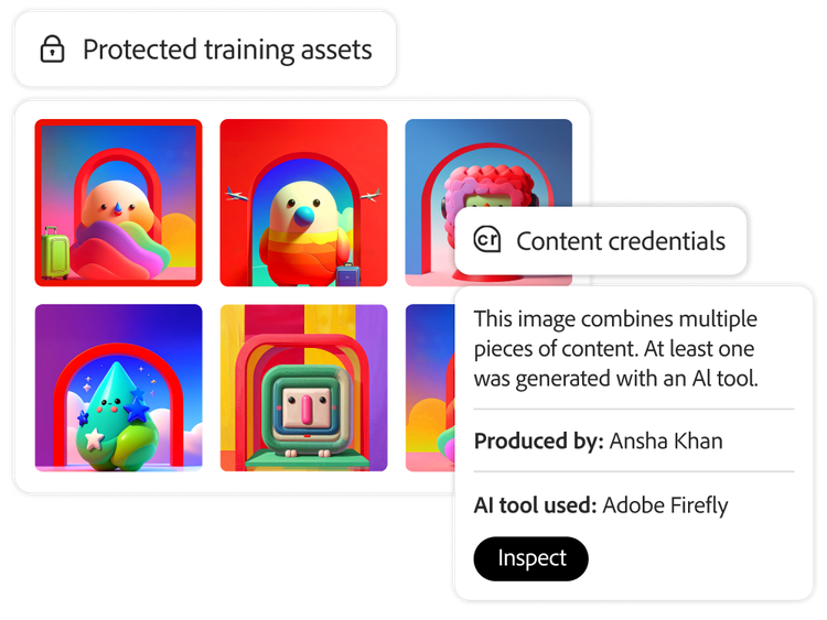 Un conjunto de seis recursos de entrenamiento protegidos con seis robots etiquetados con Content Credentials que indican quién creó el contenido y qué herramienta de IA se utilizó.