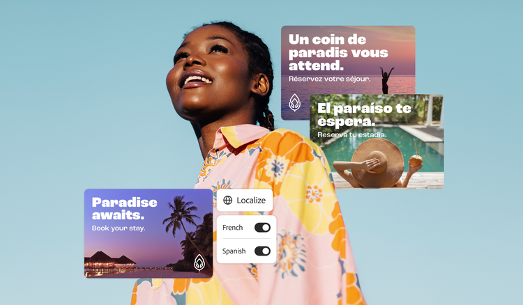 Anuncio de viajes con variantes localizadas que se generan en el idioma local