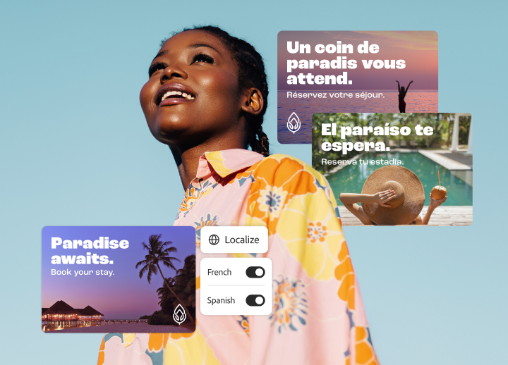 Anuncio de viajes con variantes localizadas que se generan en el idioma local