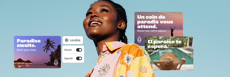 Anuncio de viajes con variantes localizadas que se generan en el idioma local