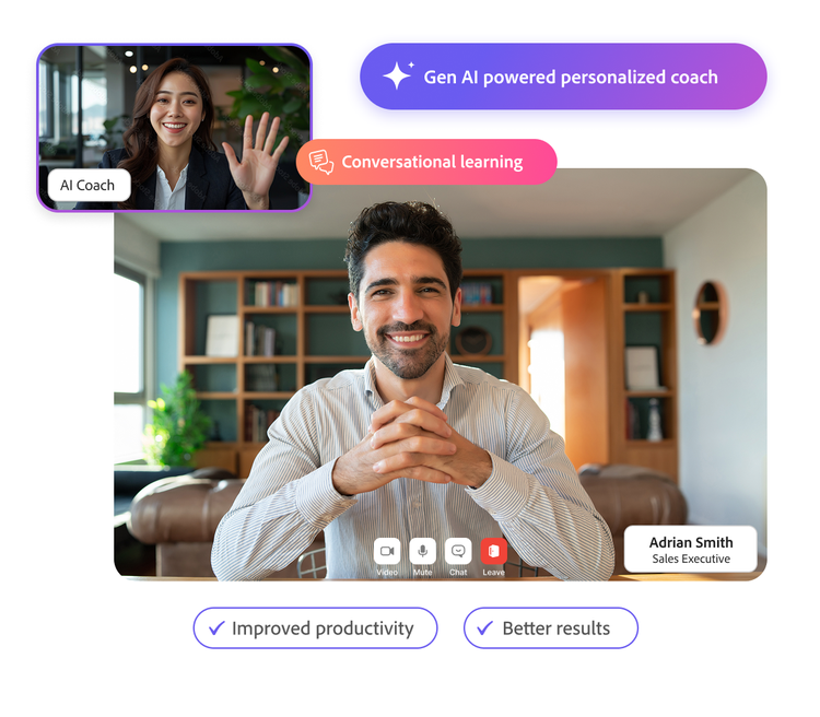 Función AI Coach con iconos que simbolizan orientación, desarrollo de habilidades y coaching personalizado.