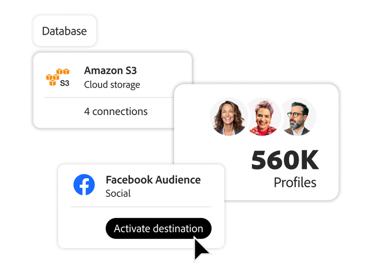 Interfaz que muestra las conexiones de Amazon S3 y Facebook Audience con 560 000 perfiles.