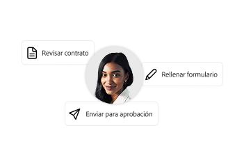 Foto de una mujer con cuadros de texto que dicen: “Revisar contrato”, “Rellenar formulario” y “Enviar para aprobación”