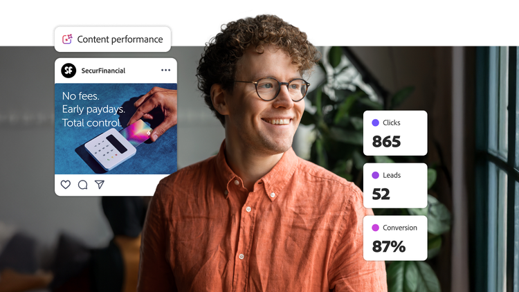 Persona de marketing revisando el rendimiento de contenido en redes sociales con métricas de clics, leads y una tasa de conversión del 87 %.