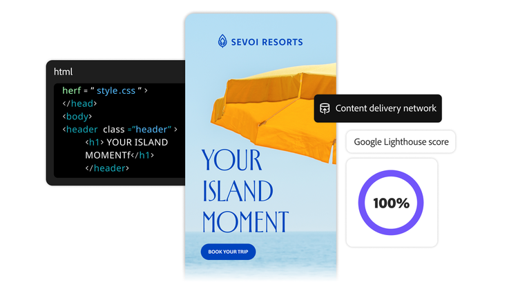 Un gráfico que muestra el código HTML de Adobe Experience Manager Sites con puntuación de Google Lighthouse.