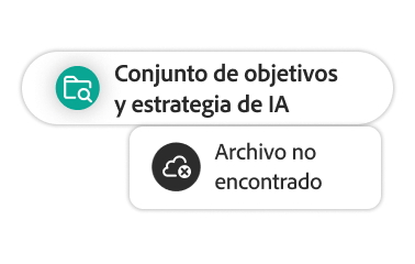 Cuadros de texto que muestran “Conjunto de objetivos y estrategia de IA” y “Archivo no encontrado”