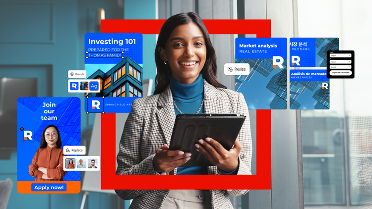 Una profesional crea una gran variedad de contenido desde una plataforma digital, como anuncios promocionales, análisis de mercado y materiales de contratación