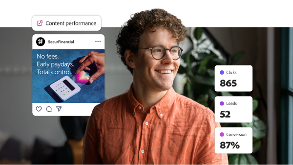 Persona de marketing revisando el rendimiento de contenido en redes sociales con métricas de clics, leads y una tasa de conversión del 87 %.