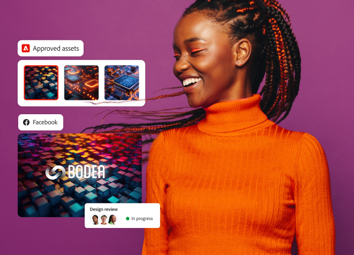 Persona del equipo de marketing que utiliza activos aprobados e IA generativa para crear un anuncio de Instagram