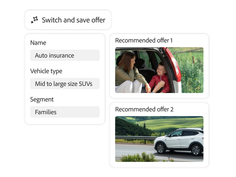 Two AI-generated variants of an auto insurance offer targeting families with an SUV