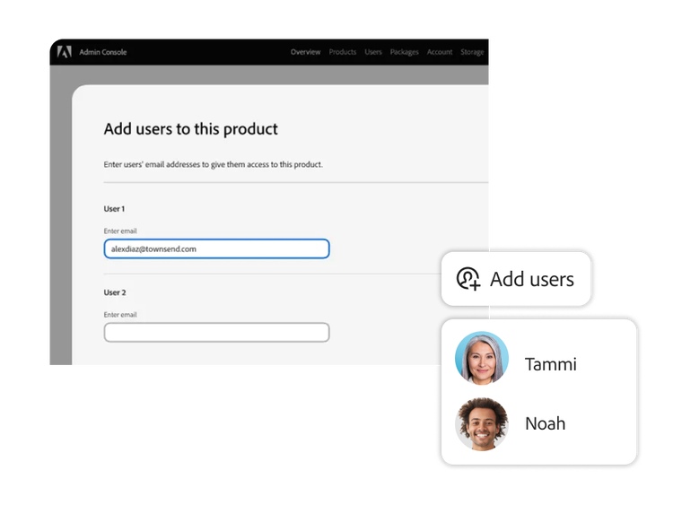 Dashboard view adding users to the product